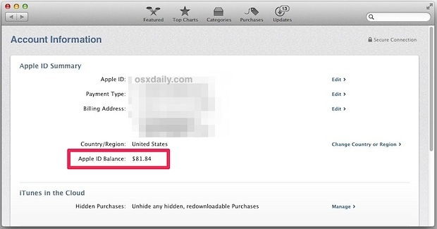 Проверьте кредит iTunes и баланс идентификатора Apple с Mac App Store