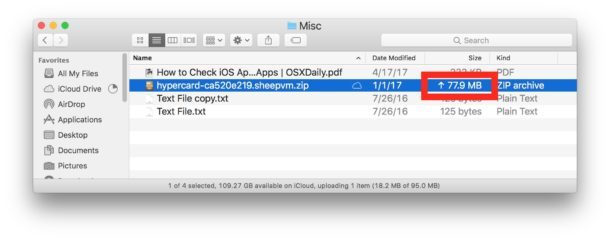 Просмотр списка Размер сортировки показывает статус загрузки iCloud Drive