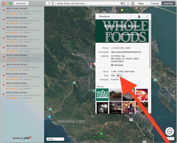 Проверьте магазин для поддержки Apple Pay в приложении Mac OS X Maps