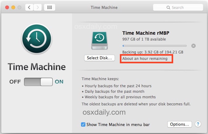 Проверьте оставшееся время резервного копирования Time Machine в Mac OS X