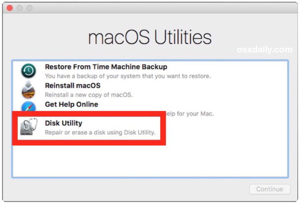 Выберите «Дисковая утилита», чтобы удалить жесткий диск для чистой установки High Sierra macOS