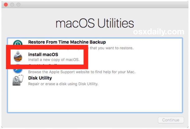 Выполните чистую установку, выбрав «Установить MacOS»