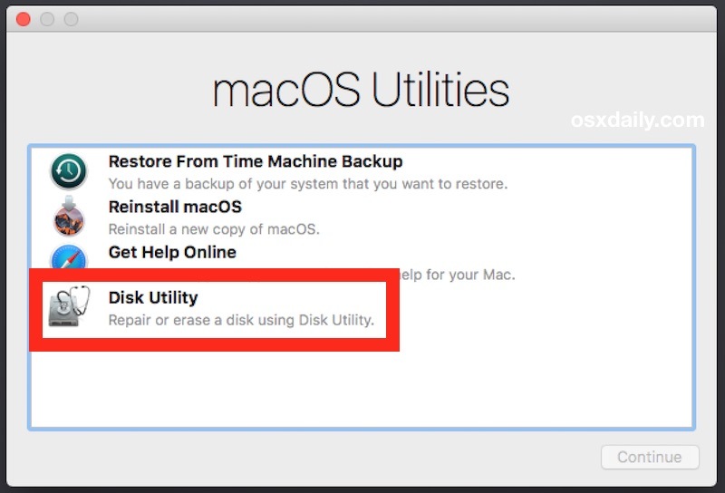 Выберите «Дисковая утилита», чтобы удалить Mac