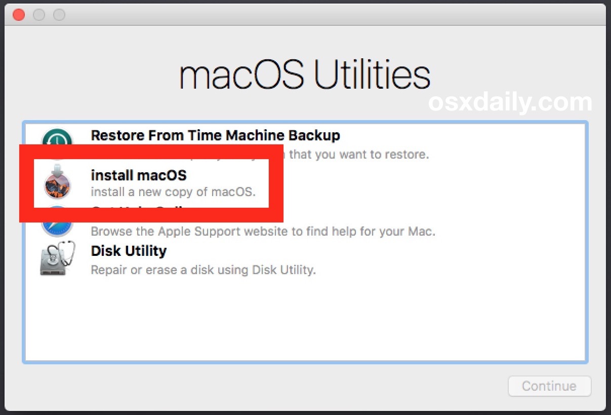 Выберите для очистки установки macOS Sierra