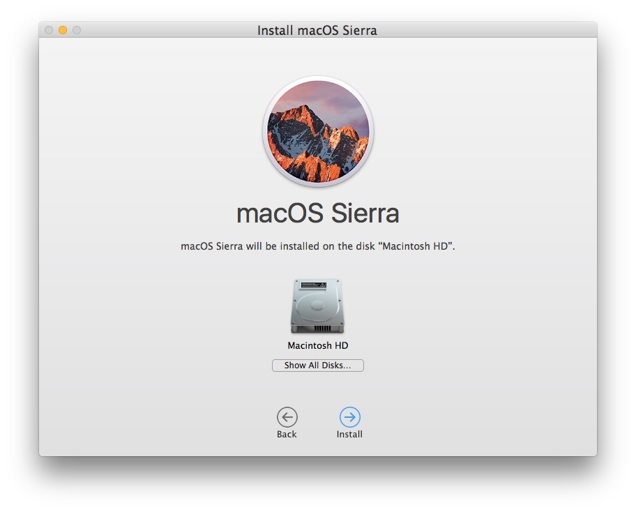 Выберите Macintosh HD в качестве целевого диска для очистки установки macOS Sierra на