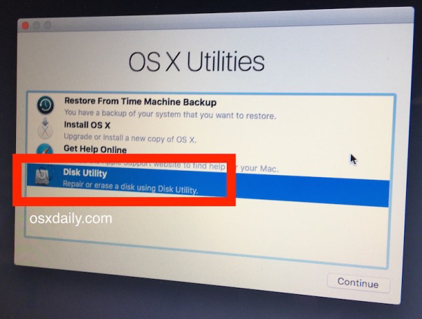 2- Выберите «Дисковая утилита» на экране «Утилиты OS X»