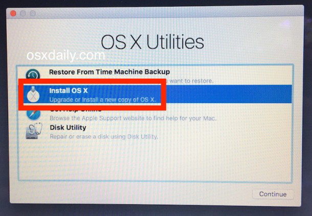 Выберите Установить OS X El Capitan из меню OS X Utilities