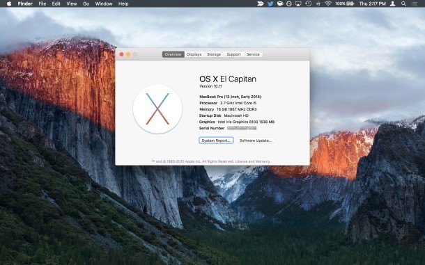 OS X El Capitan 10.11 Снимок экрана Об этом Mac