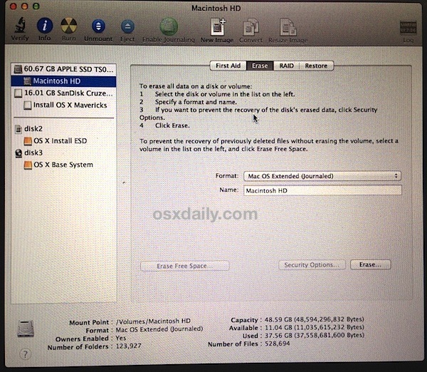 Отформатируйте жесткий диск Mac для чистой установки Mavericks