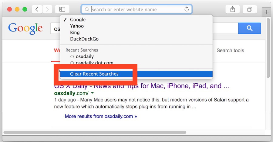 Очистить историю поиска в Safari в OS X Yosemite