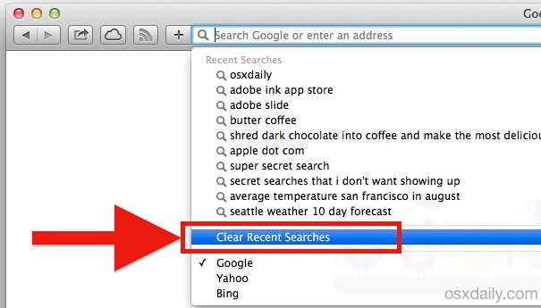 Очистить последние поисковые запросы в Safari