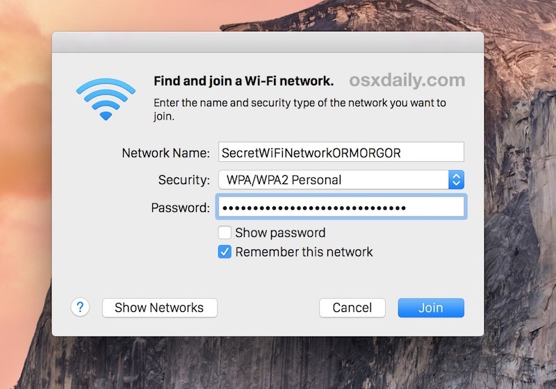 Присоединение скрытого беспроводного маршрутизатора от Mac OS X путем указания непереданного SSID