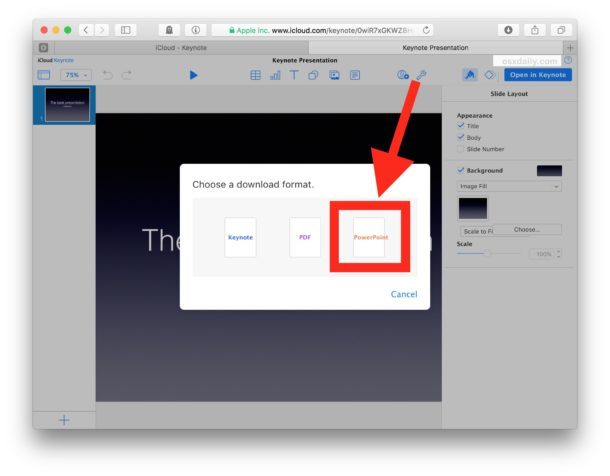 Преобразовать ключевой файл в Powerpoint на iCloud