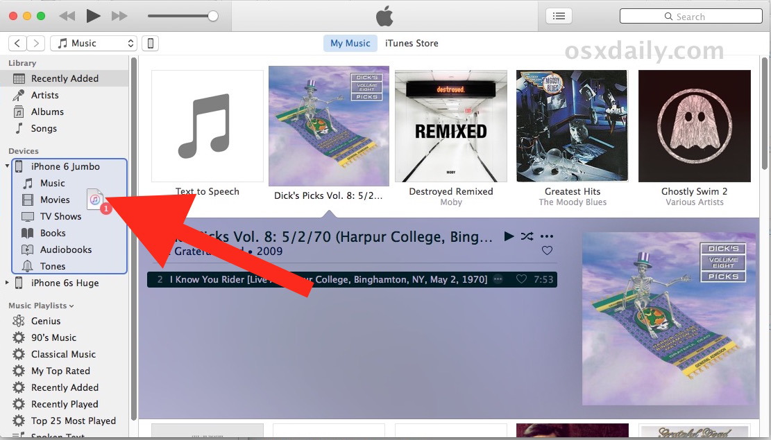 Перетащите музыку на iPhone для копирования из iTunes