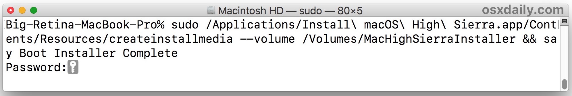 командный синтаксис для создания установщика загрузки macOS High Sierra