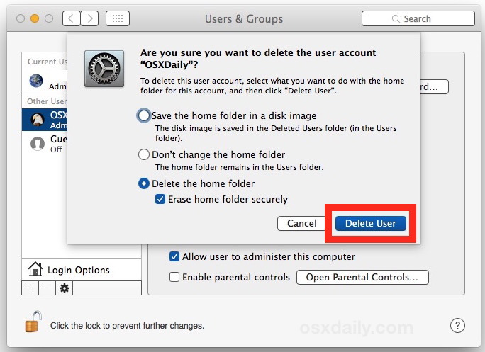 Подтвердить удаление учетной записи пользователя с компьютера Mac