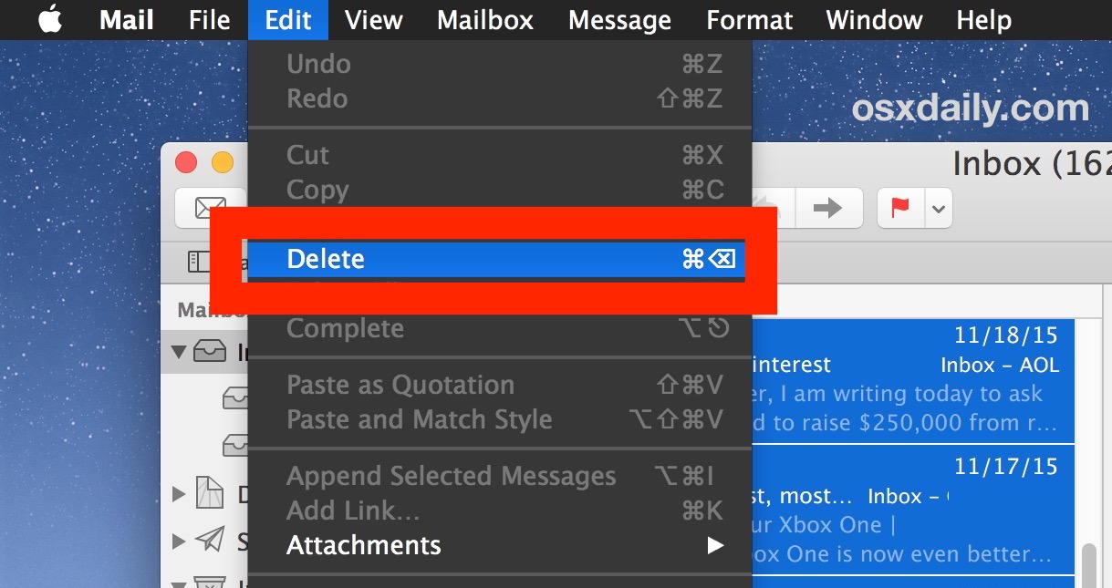 Удаление всех выбранных писем в приложении Mac Mail