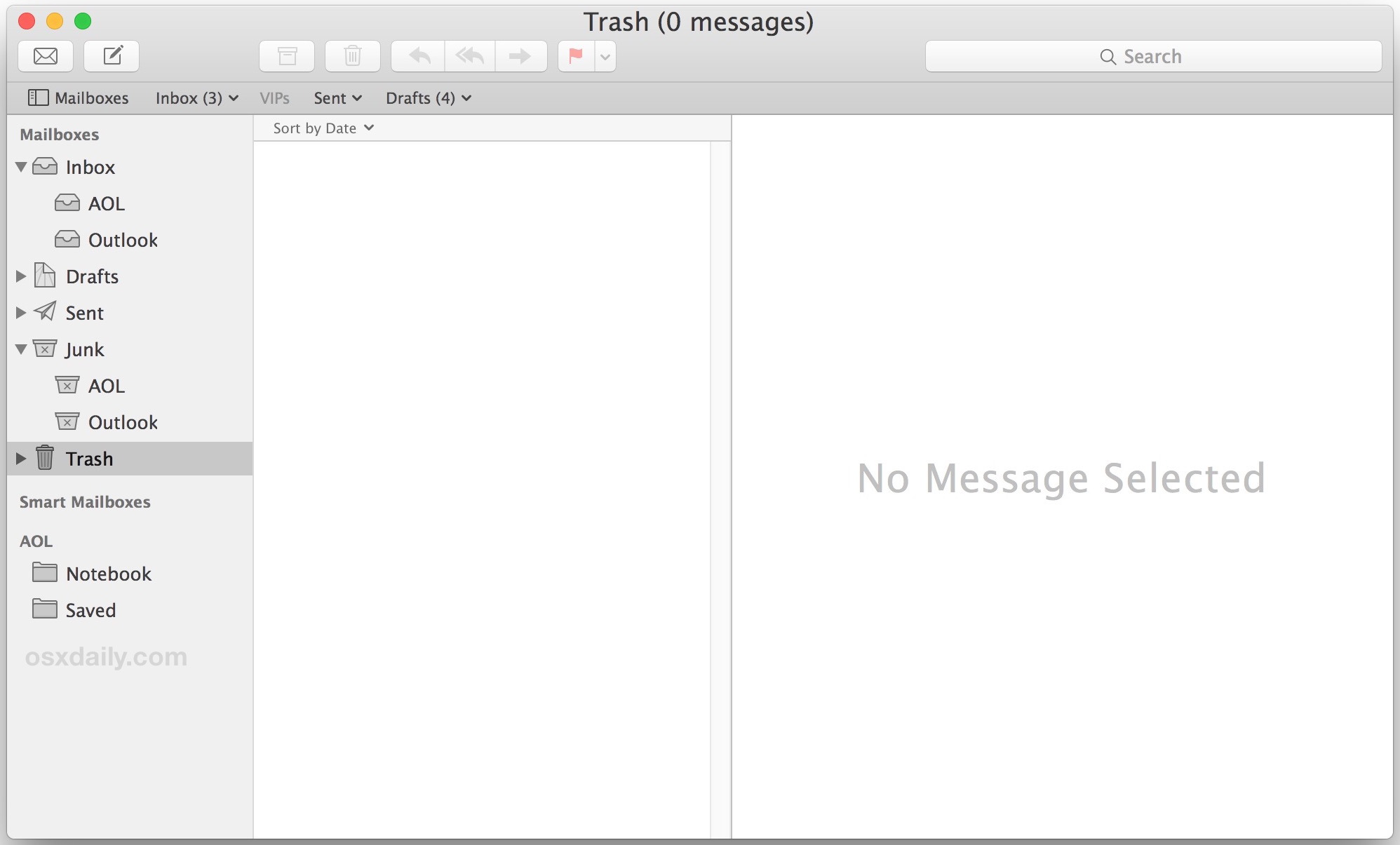 Все электронные письма удалены, пустое приложение электронной почты в Mac OS X