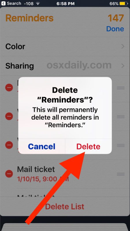 Убедитесь, что вы хотите удалить все напоминания в списке, указанном в iOS