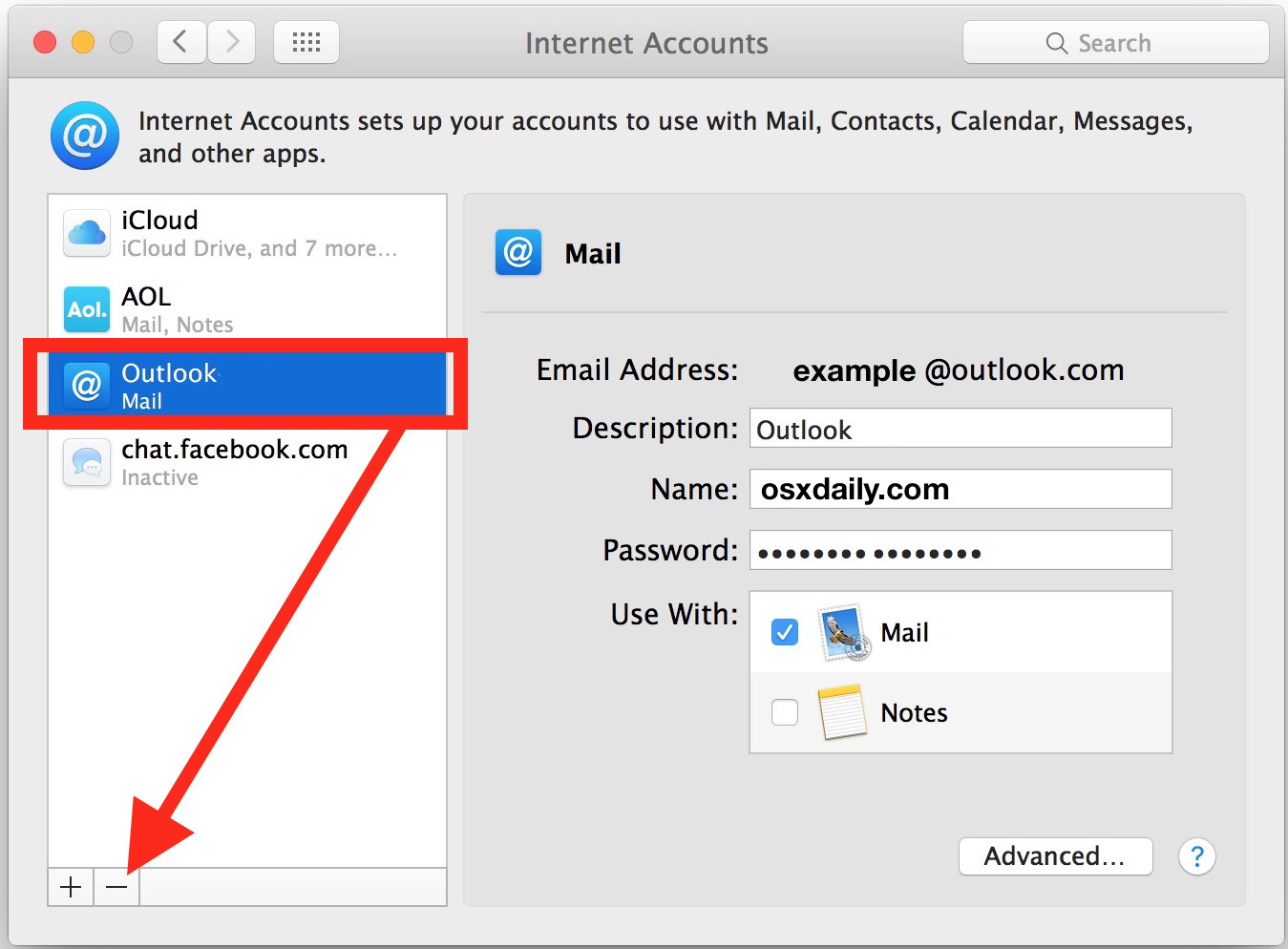 Выберите и удалите интересующую учетную запись электронной почты из учетных записей Интернета в Mac OS X