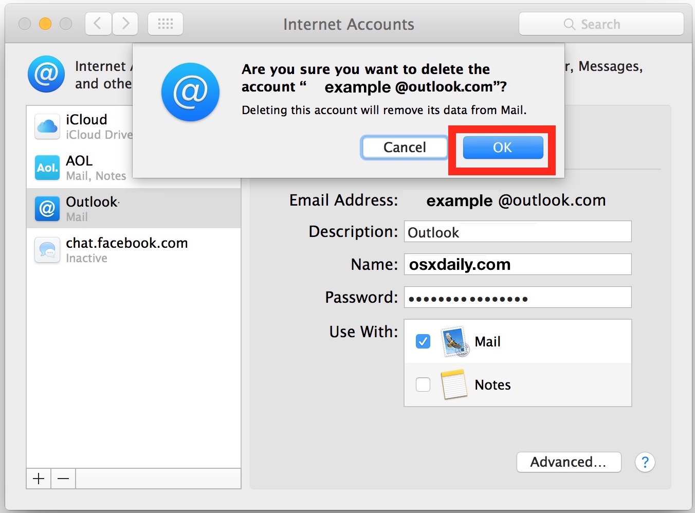 Подтвердить удаление учетной записи электронной почты с Mac и всех сообщений электронной почты в приложении «Почта»