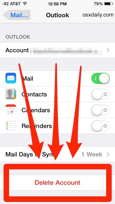 Удаление учетной записи электронной почты в iOS