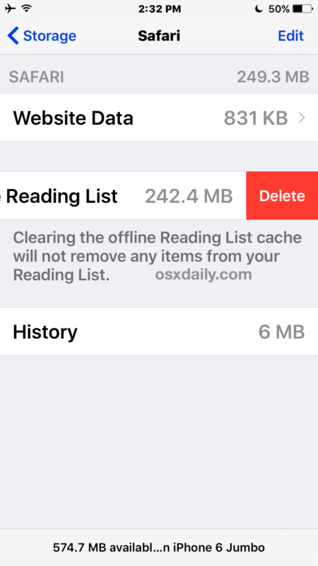 Удалить офлайн Safari Чтение списка кеша iOS