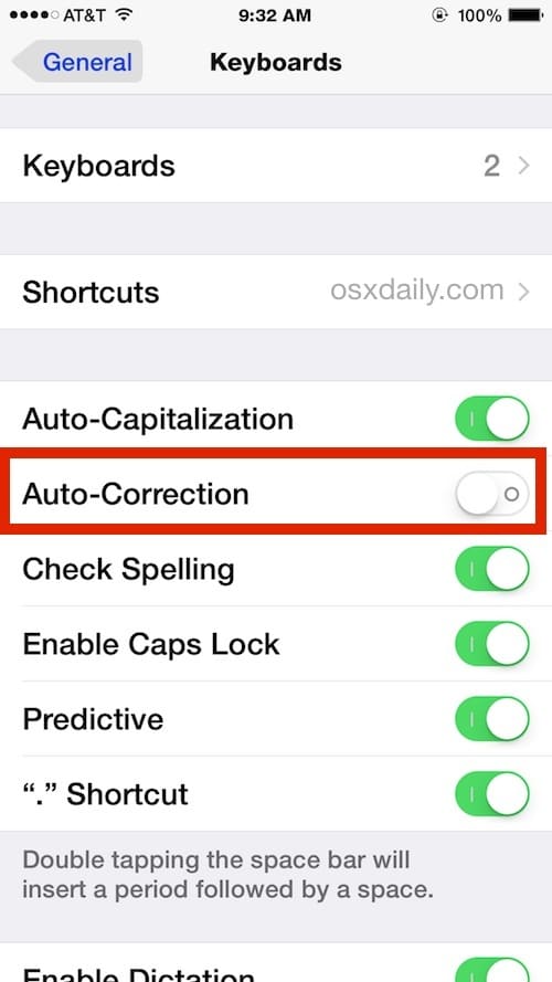 Отключить автоматическую коррекцию в настройках iOS, как показано на iPhone.