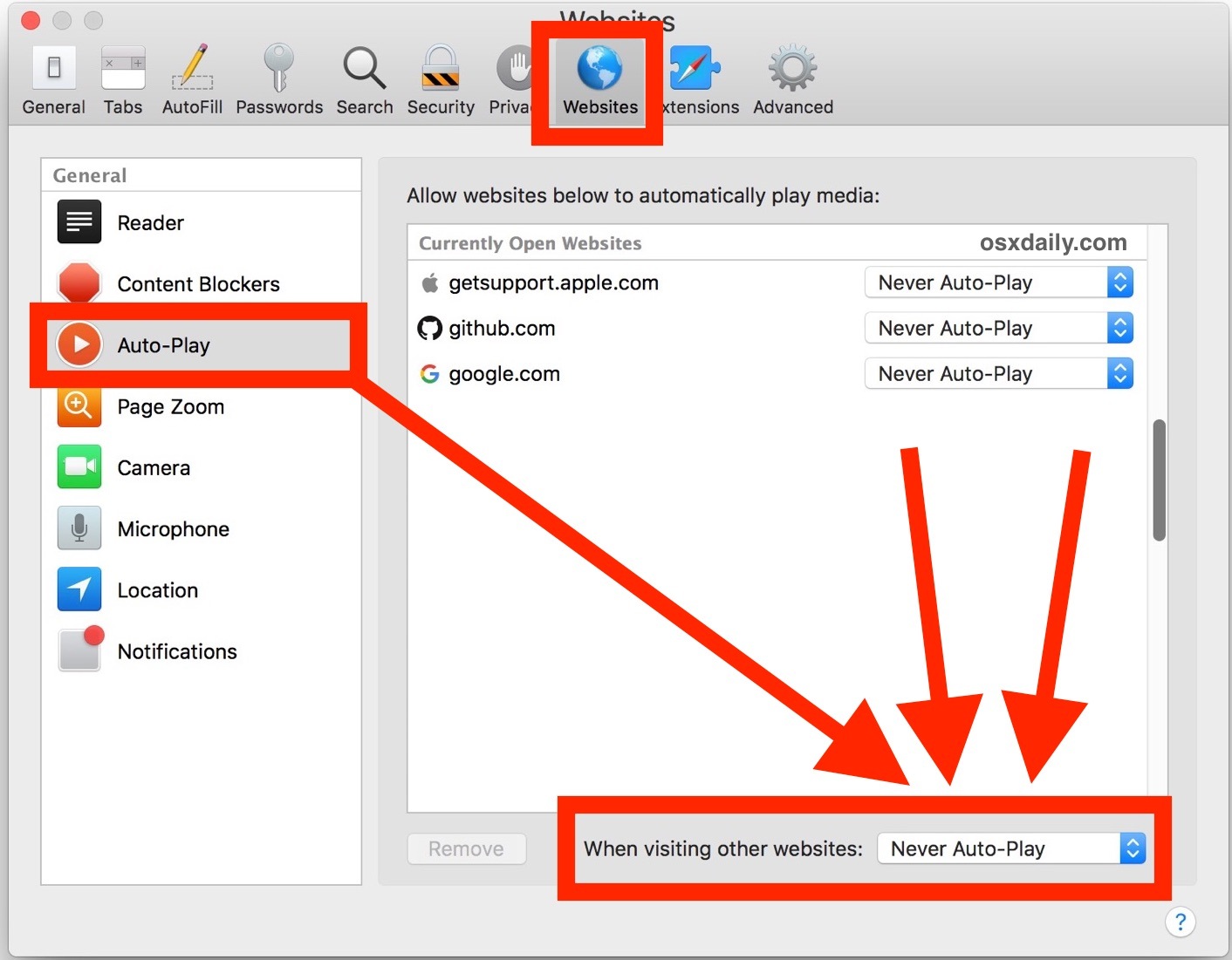 Отключение автоматического воспроизведения в Safari для Mac для всех веб-сайтов
