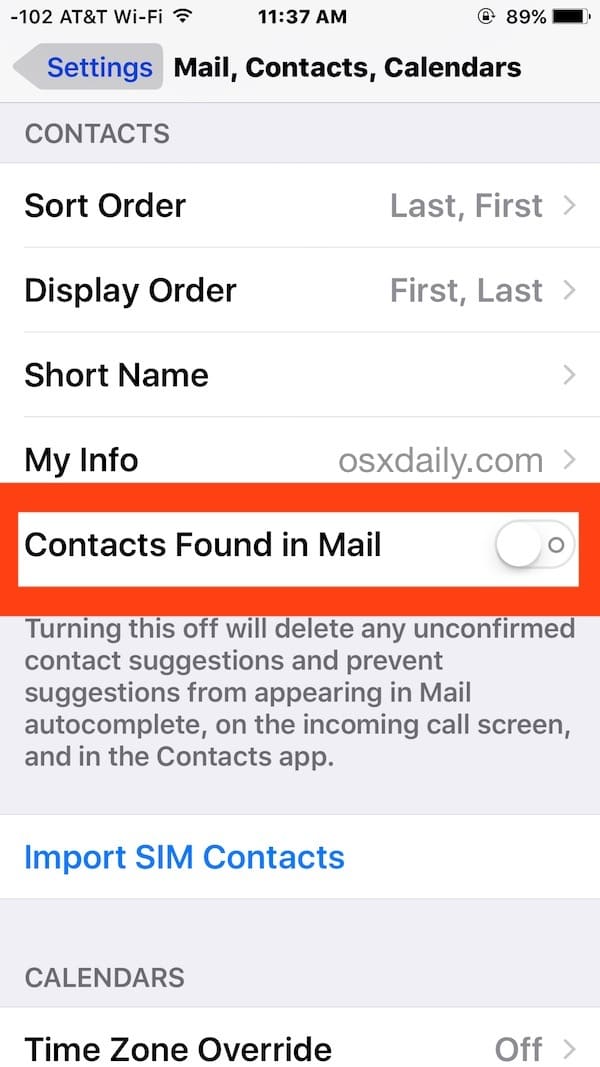 Отключить контакты, найденные в Mail для iOS