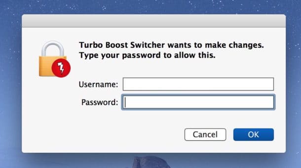 Аутентификация для отключения turbo boost на Mac или повторного включения turbo boost на Mac