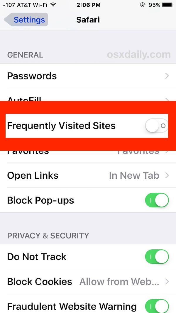Отключить часто посещаемые сайты в Safari для iOS