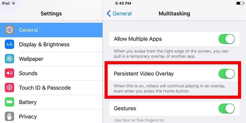 Отключение постоянного наложения видео на iPad