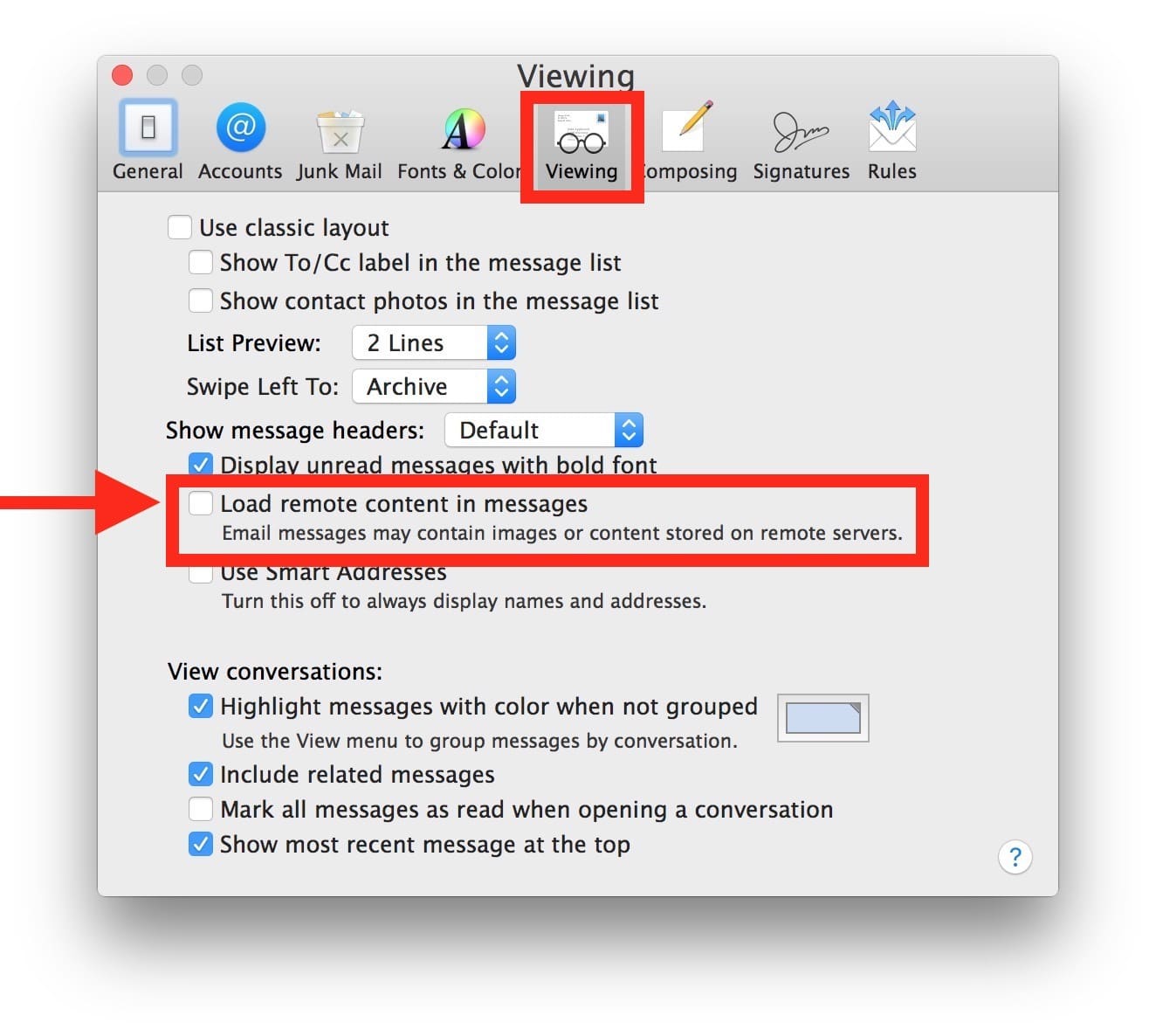 Как отключить удаленный загружаемый контент и изображения в Mail для Mac