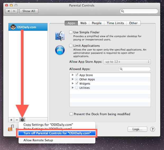 Отключить родительский контроль для пользователя в Mac OS X