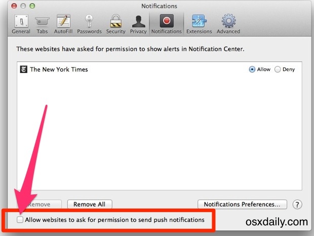 Отключить оповещения об отправке веб-сайтов в Mac OS X