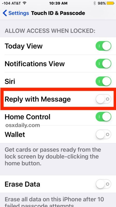 Отключить ответ на сообщение с экрана блокировки в iOS