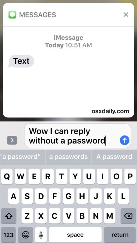 Чтение и ответ на сообщения с экрана блокировки без утверждения пароля в iOS