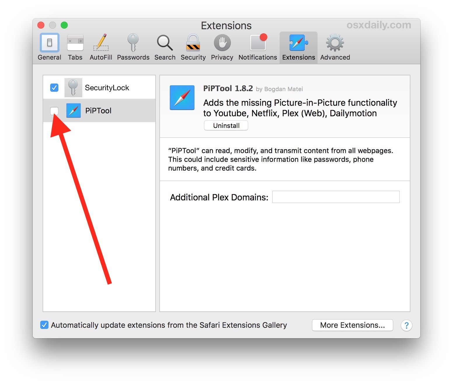 Отключение расширения Safari на Mac