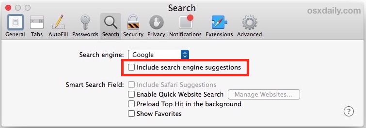 Отключить предложения по поиску Safari на Mac