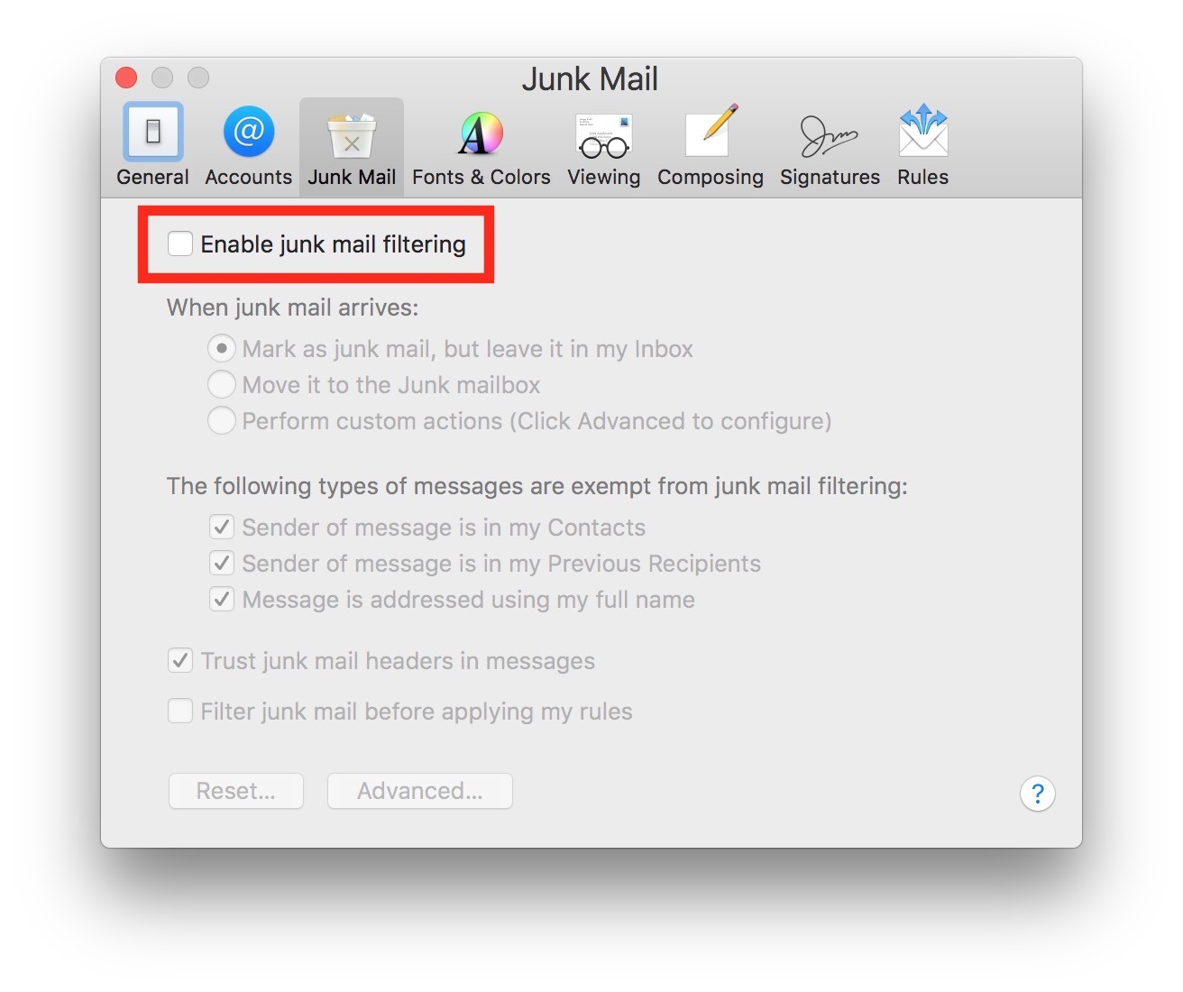 Отключить нежелательный фильтр в Mail для Mac