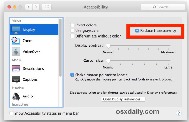 Уменьшите прозрачность в OS X, чтобы отключить эффекты полупрозрачного интерфейса на Mac