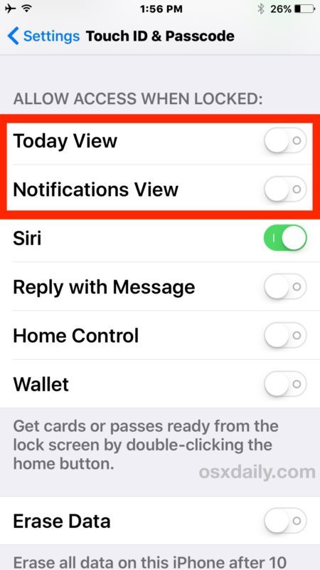 Отключите виджеты и экран сегодня на экране блокировки в iOS 10