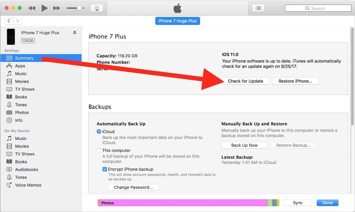 Снизьте рейтинг iOS 11 через iTunes