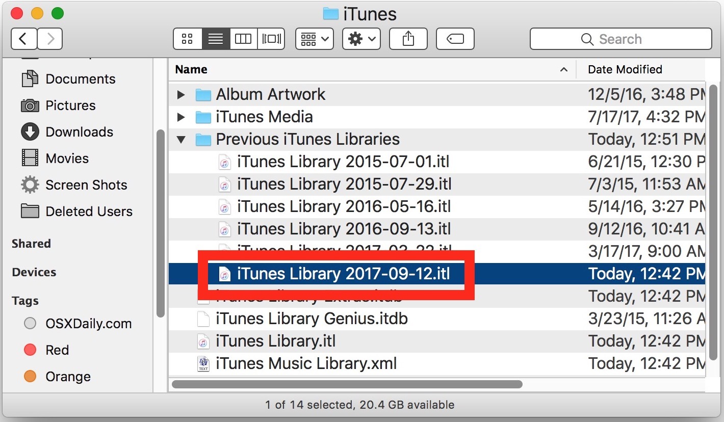 Восстановить старый файл библиотеки iTunes