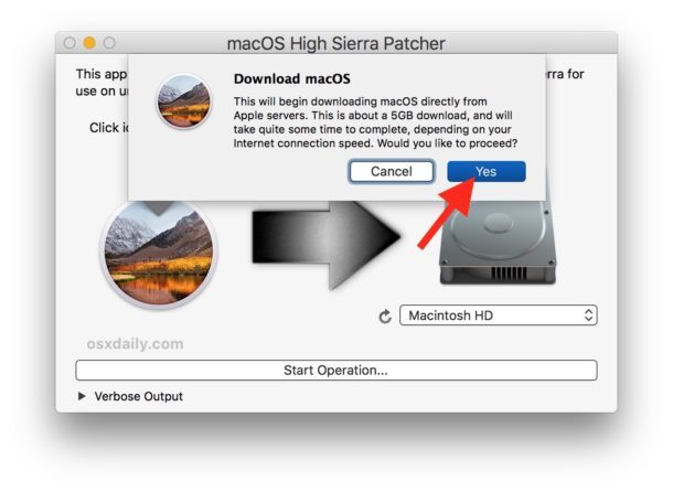 Подтвердите загрузку полной установки macOS High Sierra