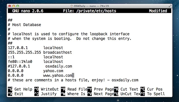 Отредактируйте файл Hosts в Mac OS X с помощью терминала
