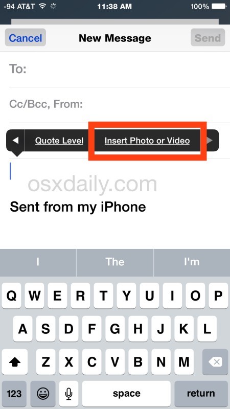 Вставка фотографии в электронную почту из приложения iOS Mail