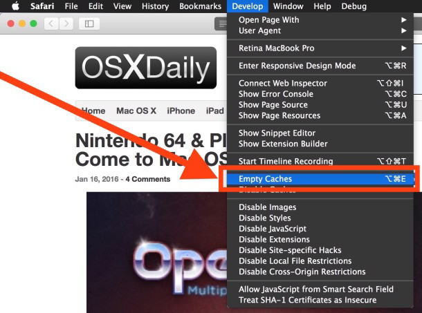 Очистить кеш в Safari для Mac OS X с опцией «Пустой кеш» в меню «Разработчик»