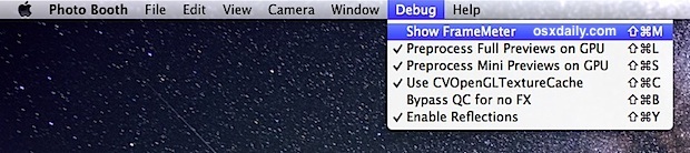 Отладочное меню Photo Booth в Mac OS X
